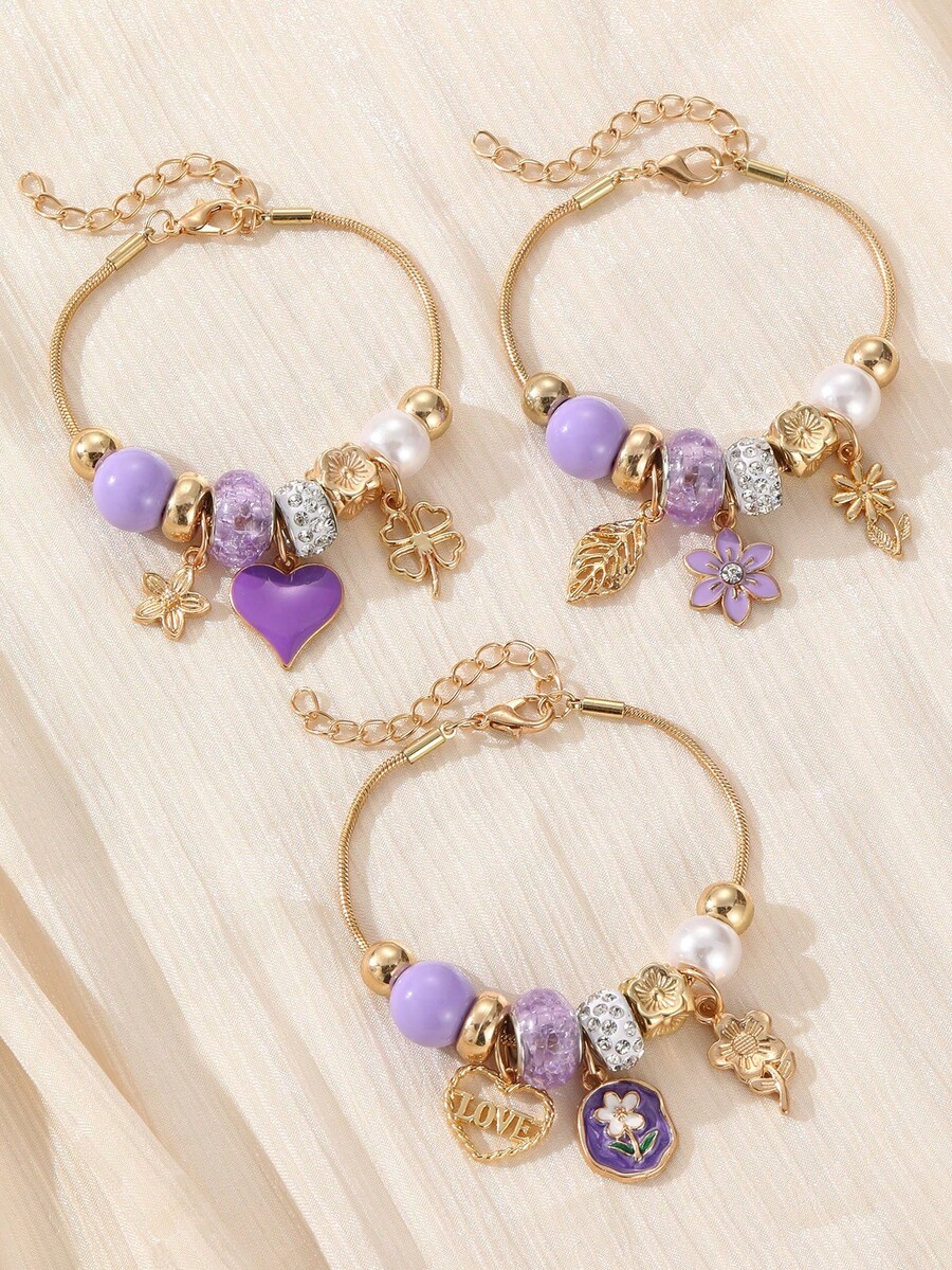 1pc/3pcs Girls French Luxury Purple Burst Bead Bracelet, Heart & Four ...