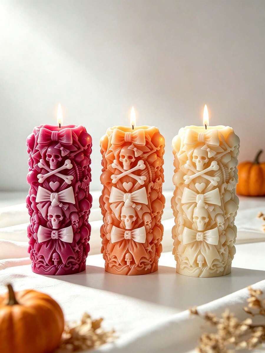 Halloween Skull Cylinder Candle Silicone Mold, Creative Bow Skull Pillar Candle Mold, Plaster Mold, DIY Mold, For Holiday Candles, Soaps, Plaster Ornaments, Suitable For Halloween Gifts - Skull Column - View 1