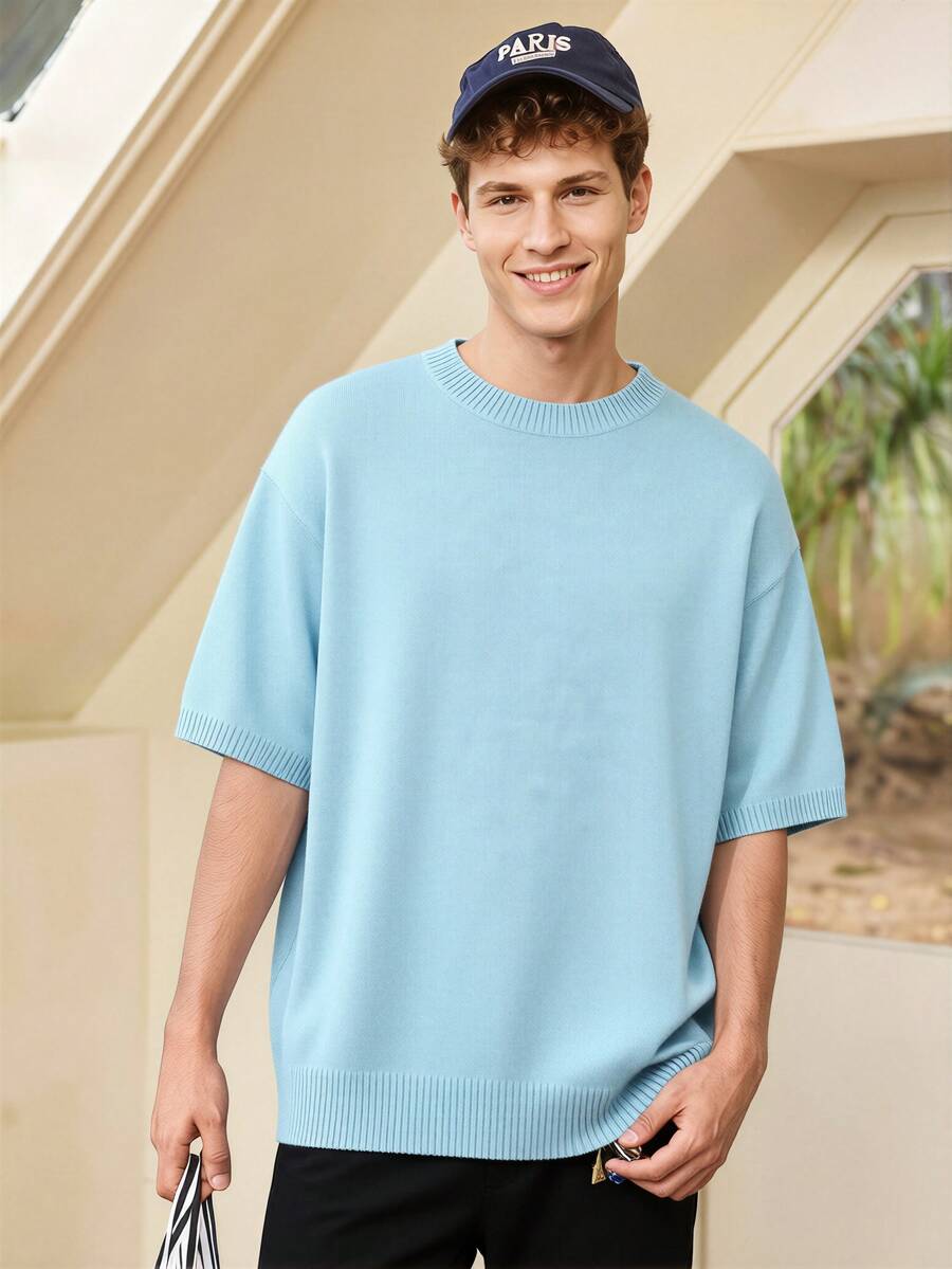 Whitmere Men's Casual Loose Solid Color Basic Elegant Slouchy Versatile Commute Retro Crew Neck Pullover Knit Top, Summer Short Sleeve T-Shirt - Baby Blue - View 1
