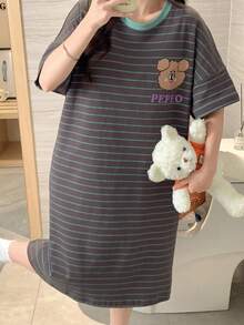 女款可愛休閒熊圖案條紋短袖睡裙，春夏秋居家穿著，可外穿 - 彩色 - 查看 7