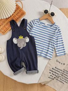 2pcs/Set Baby Boy Casual Comfortable Blue Striped Long Sleeve T-Shirt And Cute Elephant Pattern Embroidered Shoulder Strap Romper Set, Suitable For Autumn - Blue - View 5