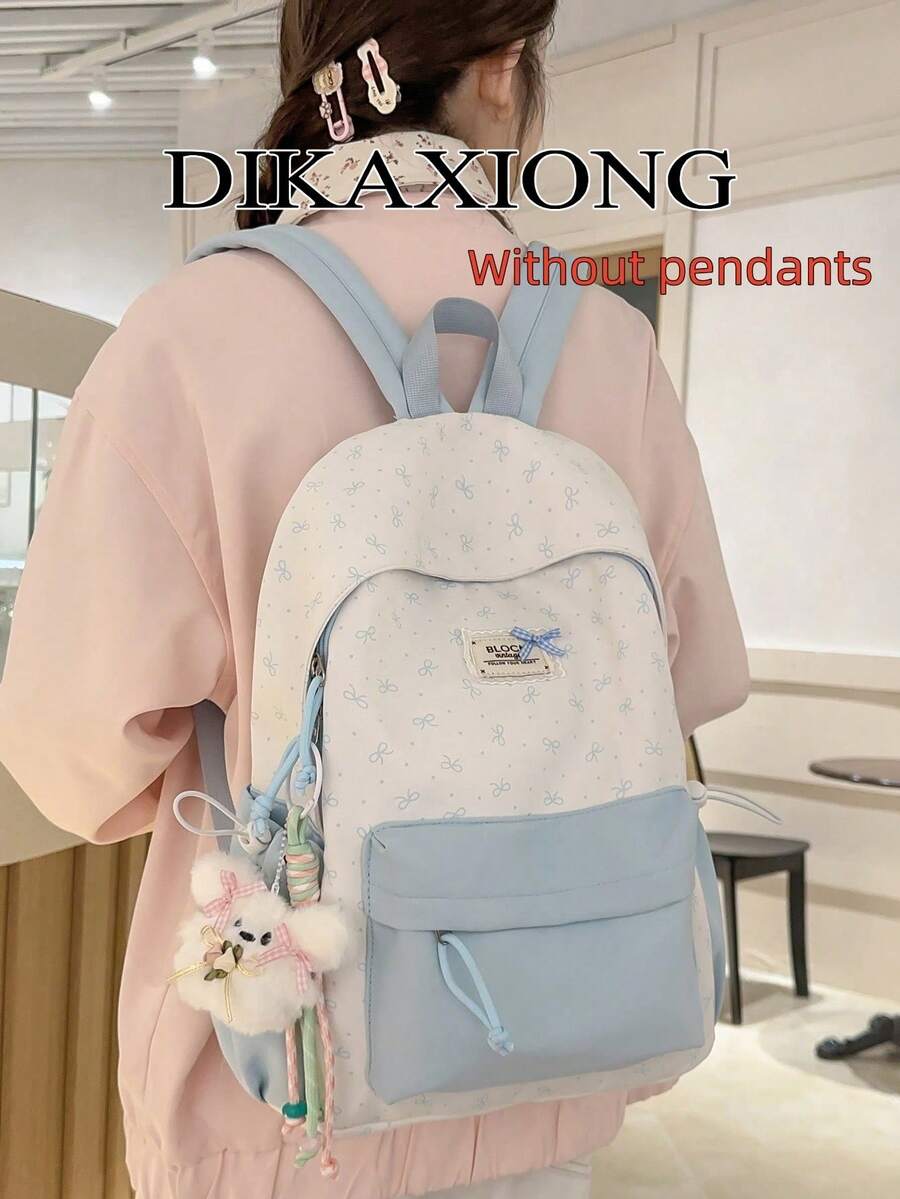 防水尼龍蝴蝶結圖案後背包,單個前拉鍊口袋,可容納14吋筆電,適合高中大學週末旅行 - 彩色 - 查看 1