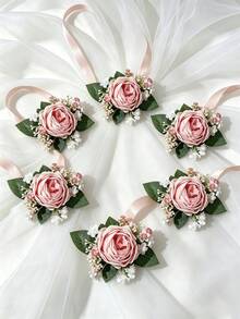 1pc/2pcs/6pcs Pink Rose With Baby's Breath Men's Boutonniere And Women's Wrist Corsage, Suitable For Wedding Decoration, Party, Dinner, Ball, Travel, Anniversary - Pink - View 9