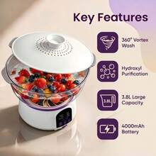 Oversized USB Rechargeable Fruit Vegetable Cleaner, Upgraded Multi-Battery Design For Long Endurance, High Efficient Portable Food Purifier With Stylish Look & Premium  Material, Ideal For Home, Picnic & Travel, Perfect Gift For Mom - White - View 5