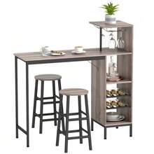 3-Piece Bar Set With Storage, Wine Shelves, Glass Rack, Stools With Footrests, For Small Spaces, Gray - 灰色 - 查看 1