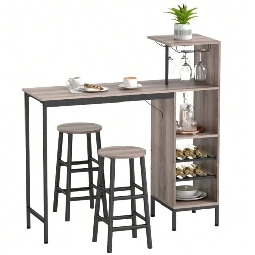 3-Piece Bar Set With Storage, Wine Shelves, Glass Rack, Stools With Footrests, For Small Spaces, Gray - 灰色 - 查看 1