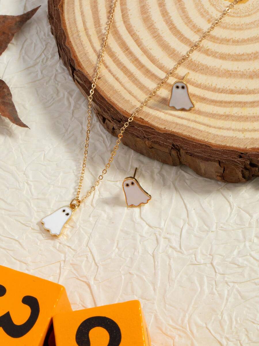 3pcs/Set Exquisite Cute White Little Ghost Earrings, Necklace Set, Halloween Jewelry Set - Multicolor - View 1