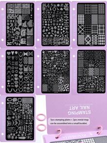 7Pcs Nail Stamping Plates Set With Pink Alloy Buckle, Stainless Steel Nail Art Template With Cherry Blossom Plaid Check Lace Mesh Heart Bow Music Note Pattern, Sweet Y2K Girly Nail Stamp Plate With Metal Rings For Salon DIY Manicure Accessories - Multicolor - View 11