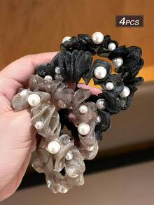 4pcs 2.76inch/7cm Women's Organza Hair Scrunchies With High-End Pearl Aurora Design, Elegant Mesh Hair Ties For Bun Hairstyles, Daily Wear Hair Accessories - Multicolor - View 2