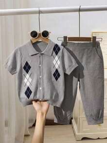 Back To School Boys Casual Colorblock Plaid Lapel Short Sleeve Lightweight Knit Cardigan Sweater For School Daily Wear Summer Autumn - Grey - View 2
