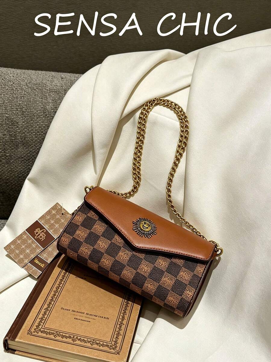 Check Monogram Envelope Chain Crossbody Bag, Sun Turn Lock Brown PU Flap Interwoven Gold Chain Small Clutch Shoulder Bag For Retro Dating - Coffee - View 1