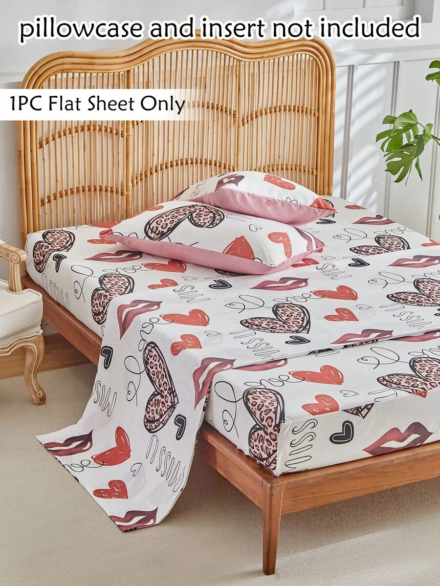 1pc Leopard Print Heart & Lip Print Bed Sheet, Romantic Cute Modern Style Polyester Single Bed Sheet, Soft & Breathable, Machine Washable - Multicolor - View 1