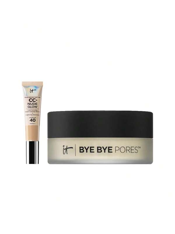 IT Cosmetics [Bundle] Your Skin But Better CC+ Nude Glow Foundation SPF40 Medium 32 ml + Bye Bye Pores Poreless Finish Loose Setting Powder 6.8 g