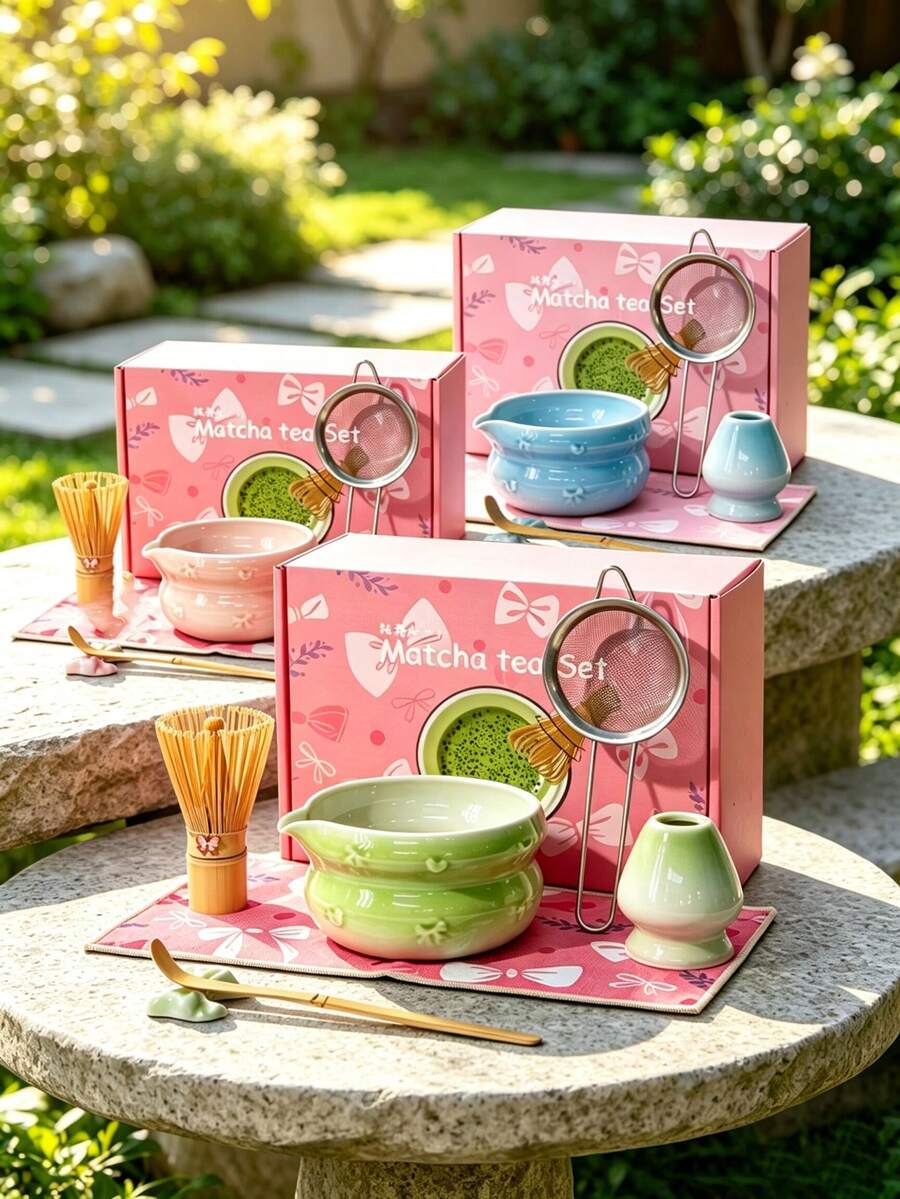 Petal Raku Matcha Tea Set, Multiple Colors Available, Complete Matcha Whisk And Bowl Set, Japanese Tea Ceremony Practice And Matcha Workshop Tools, Suitable For Garden Camping, Balcony Tea Time, Coffee Shop And Dessert Shop Use, Wedding Favors, Birthday Gifts, Random Color And Style