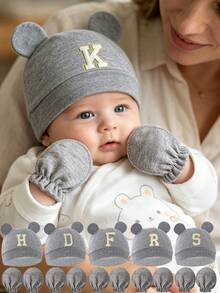 Baby A-Z Letter Newborn Hospital Cap&Anti-Scratch Mittens Gift Set Cartoon Bear Ear Newborn Baby Hat Soft Boy Girl Hats Beanie Cap Bonnet 0-3M - Grey - View 1