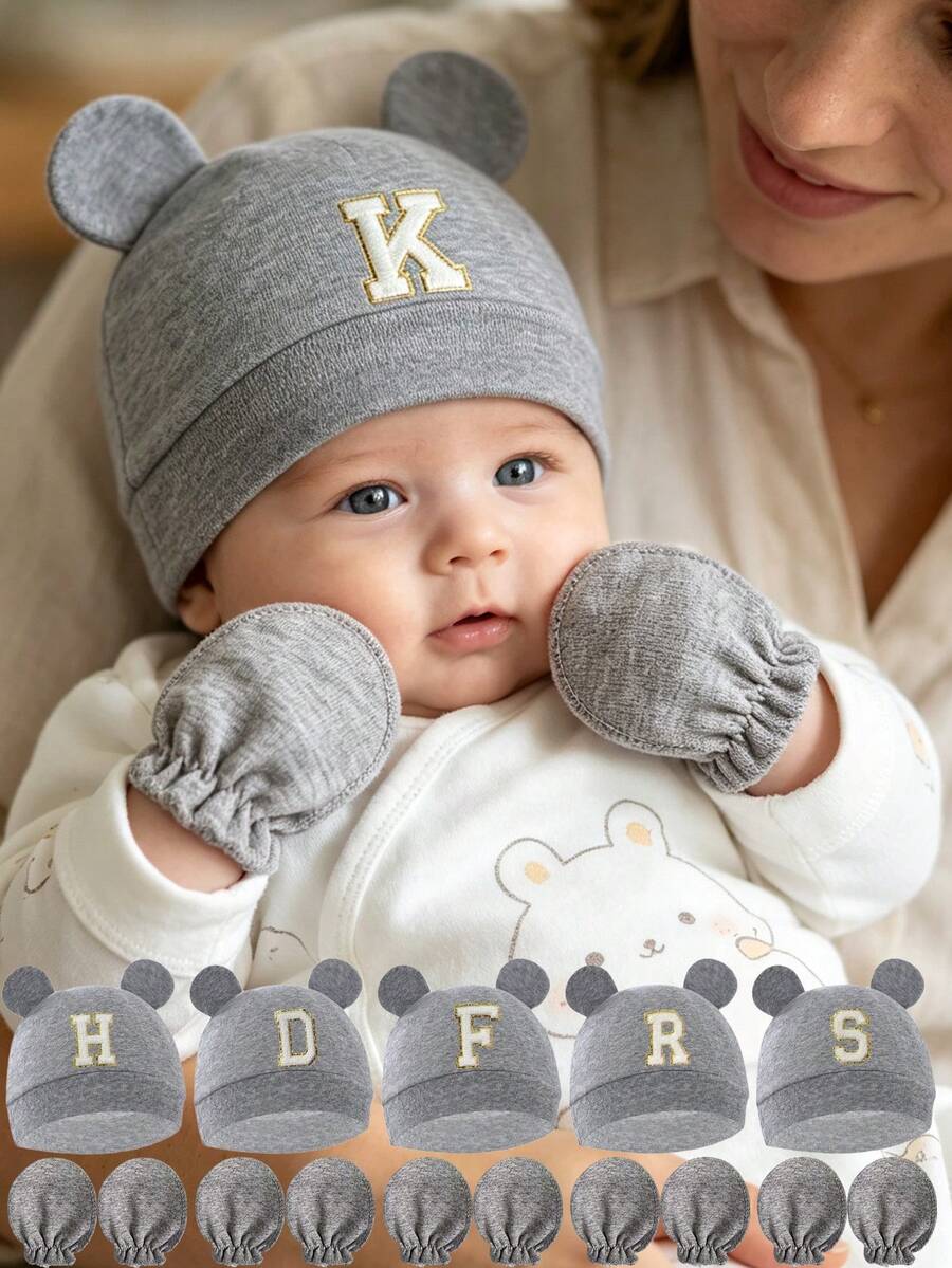 Baby A-Z Letter Newborn Hospital Cap&Anti-Scratch Mittens Gift Set Cartoon Bear Ear Newborn Baby Hat Soft Boy Girl Hats Beanie Cap Bonnet 0-3M - Grey - View 1