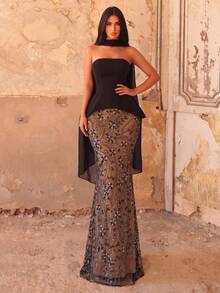 Women's Charming Sleeveless Colorblock Sequin Strapless Mermaid Evening Gown With Bustier Detail And Lace-Up Back, Suitable For Formal Parties Wedding - Black - View 4