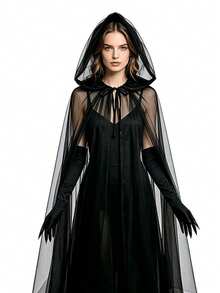 Halloween Cosplay Veil Witch Mesh Cape Grim Reaper Set With Hooded Vampire Cloak And Gloves - Multi-color - View 7