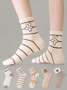 ZUJO 5 Pairs Women's Mid-Calf Socks, Cartoon Bear & Stripe & Floral & Letter & Plaid Pattern, Suitable For Daily Wear, Simple And Comfortable, Random Color - Multicolor - View 7