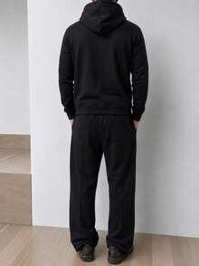 HEYKESON Men's Casual 2 Pieces Set, Curved Contrast Stitch Hooded Sweatshirt With Drawstring Hood And Wide Leg Elastic Waist Sweatpants, Daily Streetwear Outfit - Black - View 3