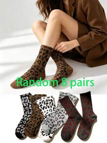 1/5/8 Pairs Women's Leopard Print Fashion Casual Mid-Calf Socks, Breathable And Comfortable, Suitable For Daily Wear And Outings, All-Season Vintage Leopard Print Mid-Calf Socks For Women, Versatile Slouch Socks For Autumn/Winter - Multicolor - View 9