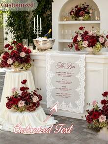 Customizable Table Runner, White Floral Lace Edge Sheer Fabric, Burgundy Red Ink Print, Autumn Wedding Bar Decor, Outdoor/Indoor Wedding Reception Backdrop Prop - Multicolor - View 1