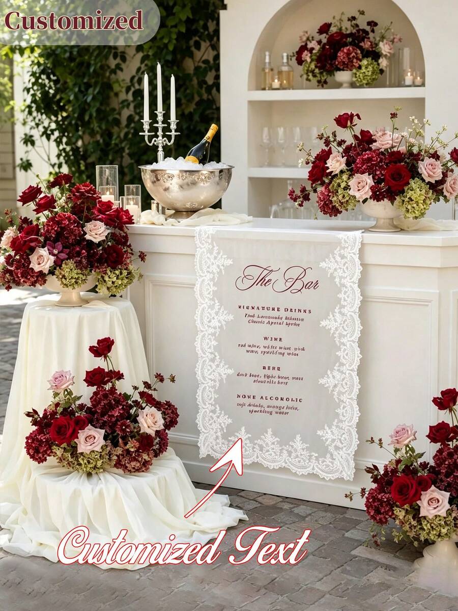 Customizable Table Runner, White Floral Lace Edge Sheer Fabric, Burgundy Red Ink Print, Autumn Wedding Bar Decor, Outdoor/Indoor Wedding Reception Backdrop Prop - Multicolor - View 1