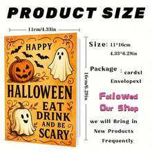 1 Grußkarte + 1 Umschlag Gruselige Halloween Grußkarte, Kürbis und Geist Design "Essen, Trinken und Gruselig sein", perfekt für Freunde, Halloween Festlicher Vintage Stil. - Übersicht 3