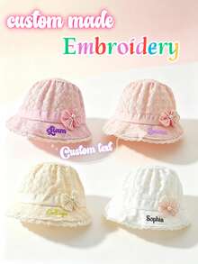 1pc Customizable Embroidered Name Sun Hat/Bucket Hat, Bow & Flower Decor, White/Pink, Suitable For Daily Commute, Vacation, Beach Travel And Various Occasions - Multicolor - View 1