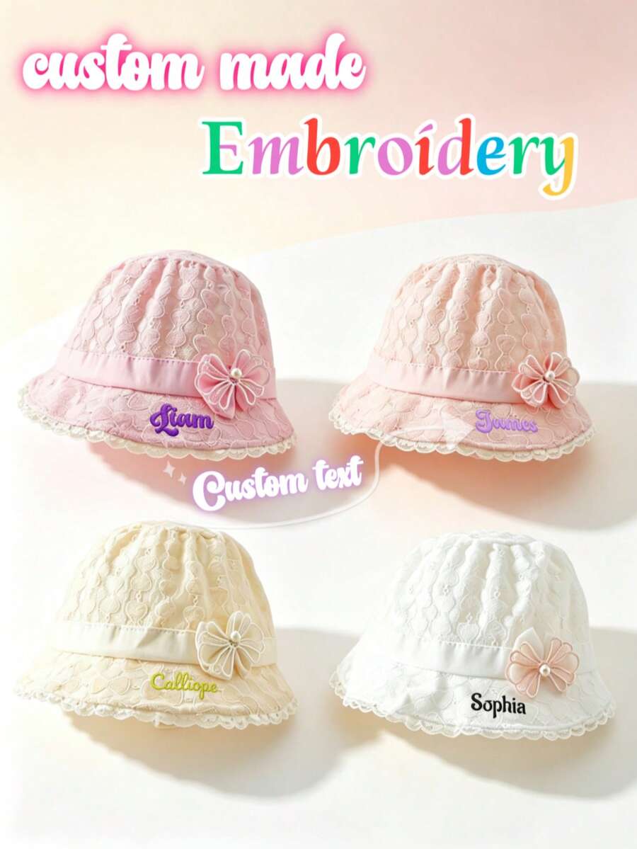 1pc Customizable Embroidered Name Sun Hat/Bucket Hat, Bow & Flower Decor, White/Pink, Suitable For Daily Commute, Vacation, Beach Travel And Various Occasions - Multicolor - View 1