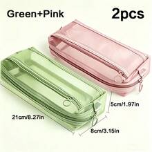 2/1 Cute Morandi Plaid Transparent Double Layer Pencil Case, Large Capacity Mesh Stationery Storage Bag With Handle And Zipper, Portable Travel Makeup Bag, Suitable For Adults, School, Office, Back To School Essential - Square - View 8