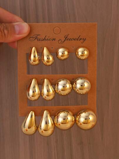 2-12pcs Gold Personalized Water Drop/Ball Earrings Set, Suitable For Travel, Vacation, Daily Outings, Casual And Elegant Outfits