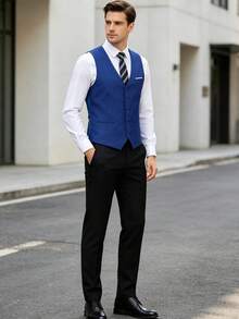 Men's Solid Color Slim Fit Single Piece Suit Vest, Formal Vest Suitable For Wedding Groom, Ball, Evening Party, Business And Daily Wear - Blue - View 7