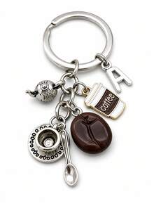 1pc Exquisite Letter Coffee Theme Keychain, Vintage Metal Coffee Bean Teapot Cup Spoon Pendant Key Ring, Casual Creative Commemorative Gift, French Versatile Accessory - Multicolor - View 12