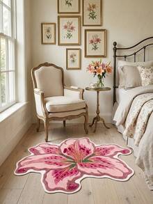 1pc Pink Lily Flower Shaped Velvet Carpet, Soft Plush Rug, Room Decor, Home Supplies, Indoor Doormat, Kitchen Mat, Bathroom Mat, Home Decoration, Bedroom Decor, Bathroom Decor - Pink - View 5