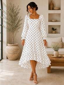 Boho Chic Mullet Midi Dress Long Sleeve Princess Square Neck Tailored Duna Elegant Christian Evangelical Modest Fashion Polka Dot Print REF: Angela - 白色波點 - 查看 1