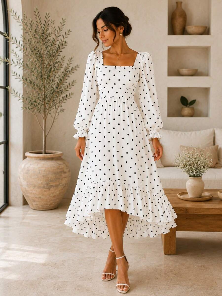 Boho Chic Mullet Midi Dress Long Sleeve Princess Square Neck Tailored Duna Elegant Christian Evangelical Modest Fashion Polka Dot Print REF: Angela - 白色波點 - 查看 1