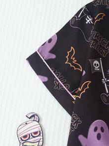 2pcs/Set Women's Comfortable Halloween Skeleton Cat Ghost Print Collared Short Sleeve Top And Bowknot Shorts Pajama Set - Black - View 4