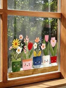 1pc Small Potted Plant Static Cling Window Sticker, Waterproof PVC Static Adhesion Glass, Green Plants & Flowers And Pots Double-Sided Print, Suitable For Coffee Shop Windows, Balcony Glass, Study Room Window Decoration, Bay Window Glass Beautification, Home Decor, Home Accessories, Back To School, Halloween, Christmas Gift Best Choice - Multiple Styles - View 6