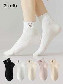 5 Pairs Women's Classic Solid Color Cartoon Short Socks Crew Socks, Soft Breathable Versatile Ankle Socks, Suitable For All Seasons Daily Wear - Multicolor - View 4