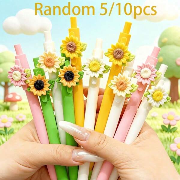 5/10pcs Random Sunflower Ballpoint Pens, Cute Flower Design Smooth Quick-Dry Signing Pens, Back To School Stationery