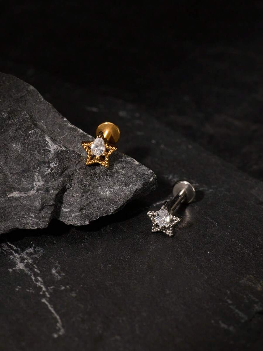 1pc 16G Titanium Steel Drop-Shaped Zirconia Inlaid With Five-Pointed ...