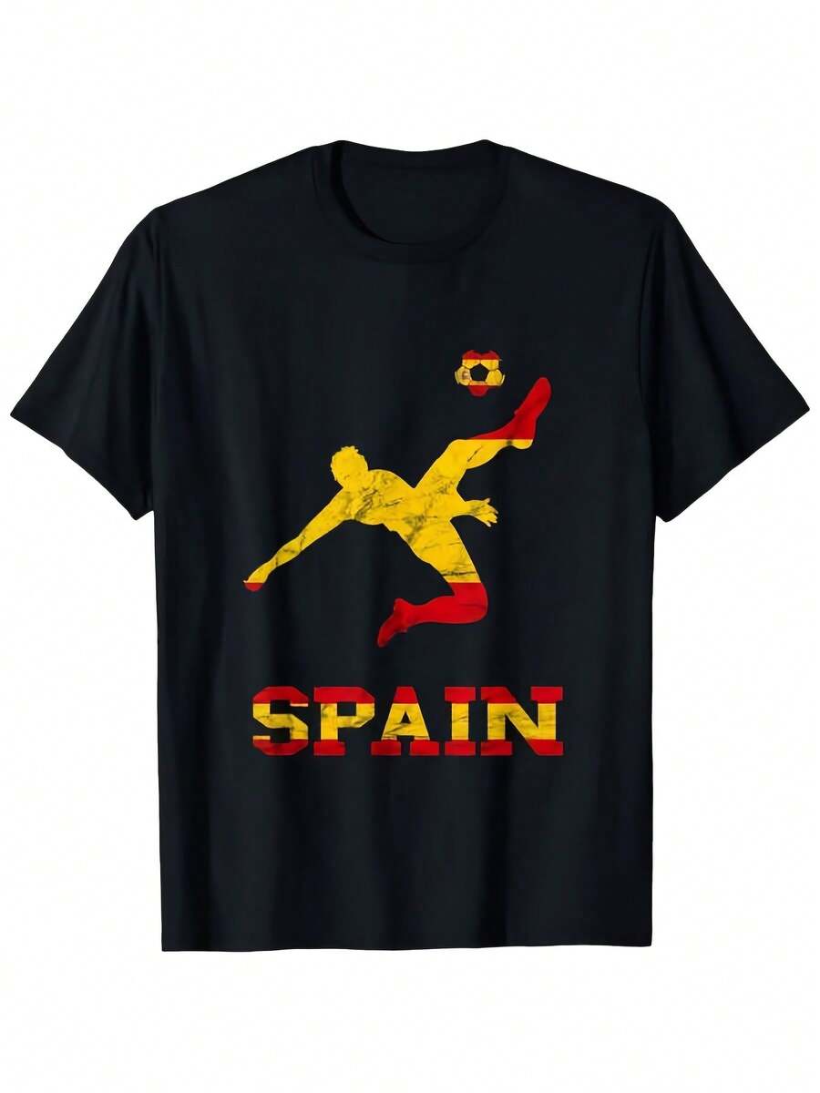T-shirt commémoratif 2026 pour hommes, motif de football imprimé, décontracté, col rond, Espagne, Coupe du monde 2026, maillot d'équipe espagnole pour hommes. - Noir - Voir 1