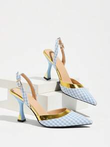 Women's Classic Checkerboard Colorblock Pointed Toe High Heel Shoes With Fashion Back Strap Open Heel, Elegant Women's Sandals, Women's Elegant Kitten Heel Shoes, Summer Dress Outfit Party Evening Shoes, Autumn/Winter Dual-Color High Heels, Autumn Women's Shoes, Blue High Heels, Women's Formal Shoes, Fashion Women's High Heels/Blue Sandals - Light Blue - View 5