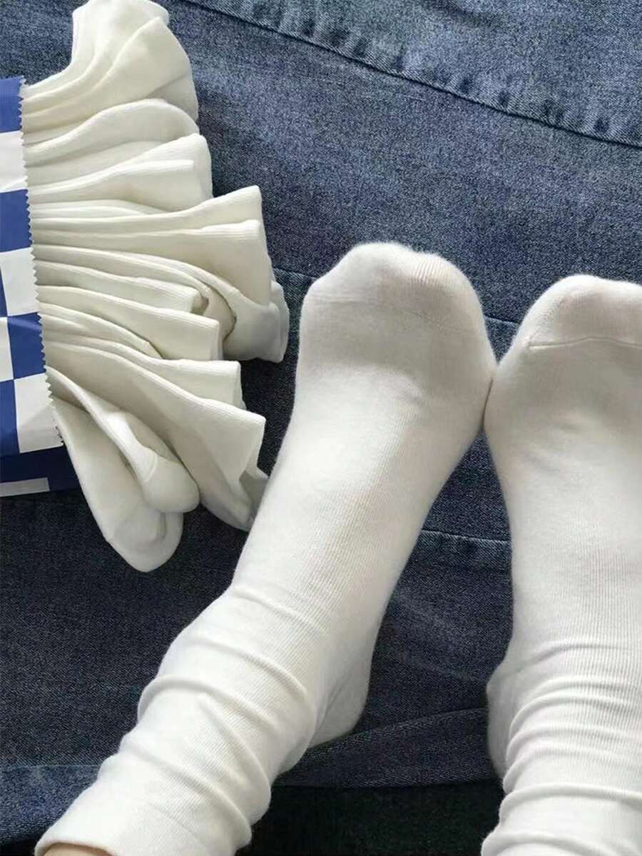 1/5/7/10/20 Pairs Simple Casual White Soft Mid-Calf Socks - White - View 1
