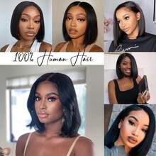 Dollface Short Bob Lace Front Wigs Made Of Human Hair, 13x4 Lace Design, With Smooth Styles And 200% Density For Women. HD 13x6 Transparent Lace Front Wig, Pre-Plucked With A Natural Hairline. 4x4 And 5x5 Straight Human Hair Wigs. - Natural Black - View 10