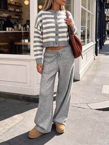 Women's Regular Casual Striped Drop-Shoulder Button-Down Long-Sleeved Business-Wear Wide-Leg Trousers Set Business Outfit Two Pieces Set, Fall Winter - Multicolor - View 2