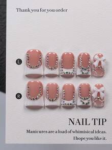 10pcs Duck Mouth Style Handmade Press-On Nail Set, Includes Nail Art Tools, Nude Base With White French Tips, Decorated With AB Rhinestones And 3D White Bows, Glossy Pointed Nails, Suitable For Sweet Dates, Office Commute And Casual Daily Outings - Multicolor - View 3