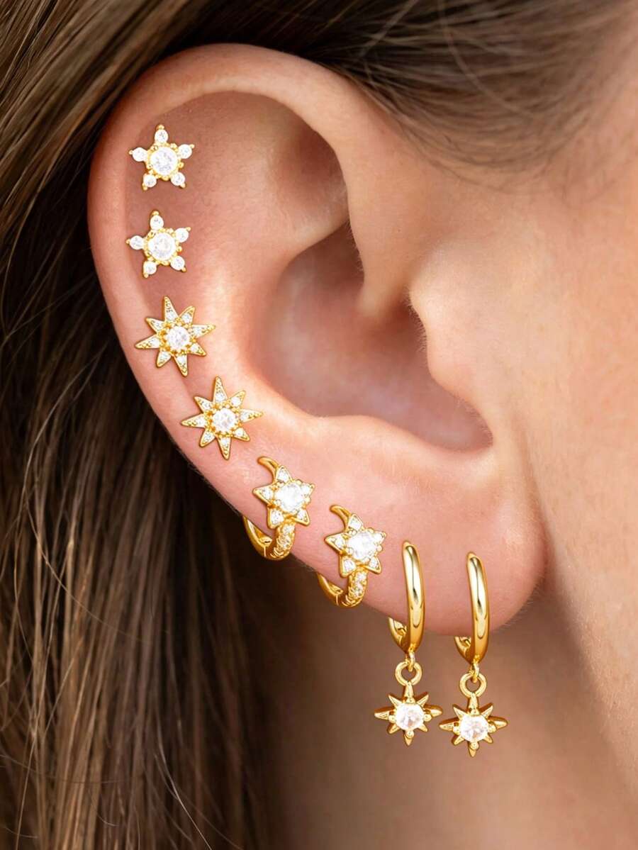 8PCS Sparkling Zirconia Star Hoop Earrings Set For Woman 18K Gold Plated Stainless Steel Octagram Ear Stud Fashion Daily Wear Jewelry - 8PCS-gold - View 1