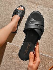 Dream Pairs Women's Cute Slip On Studded Flat Slides Sandals - Black - View 4